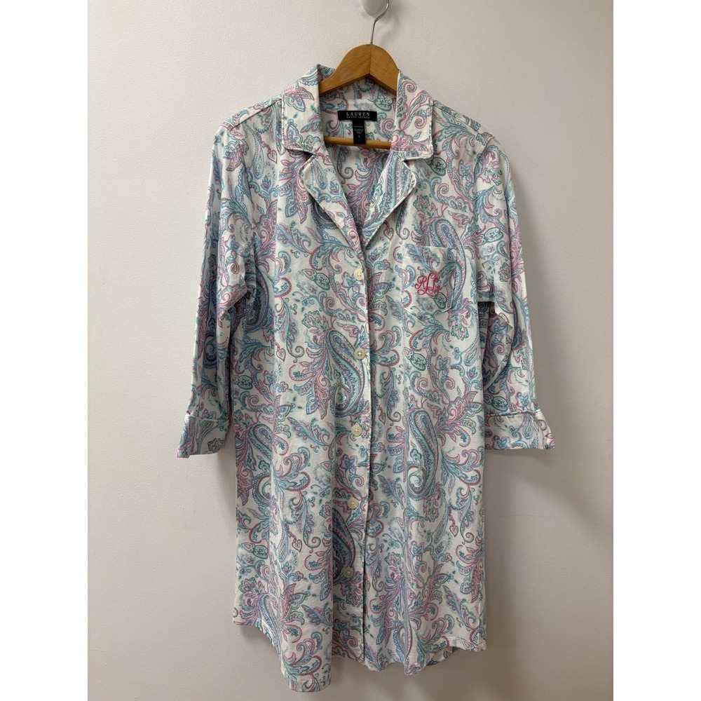 Lauren Ralph Lauren Paisley Nightgown Sleep Shirt Embroidered Crest Sz L